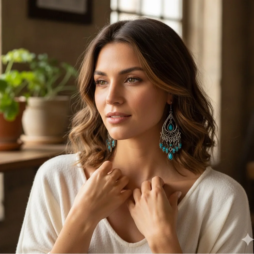 Boho Chic Silver and Turquoise Statement Earrings